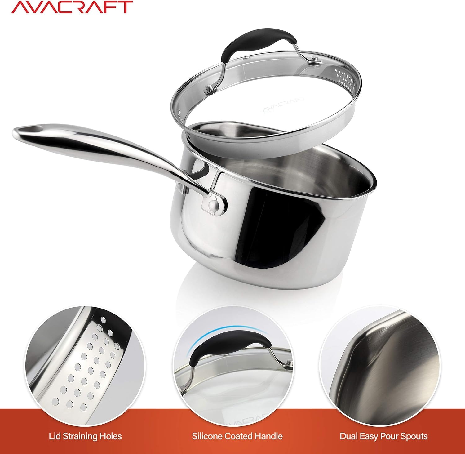 image:imageAVACRAFT TriPly Stainless Steel Saucepan with Glass Strainer Lid Two Side Spouts Ergonomic Handle Multipurpose Sauce Pan with Lid Sauce Pot Cooking Pot TriPly Full Body 25 QuartTriPly Full Body