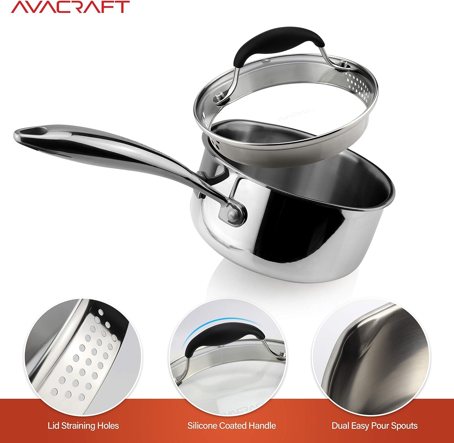 image:imageAVACRAFT TriPly Stainless Steel Saucepan with Glass Strainer Lid Two Side Spouts Ergonomic Handle Multipurpose Sauce Pan with Lid Sauce Pot Cooking Pot TriPly Full Body 25 QuartTriPly Full Body
