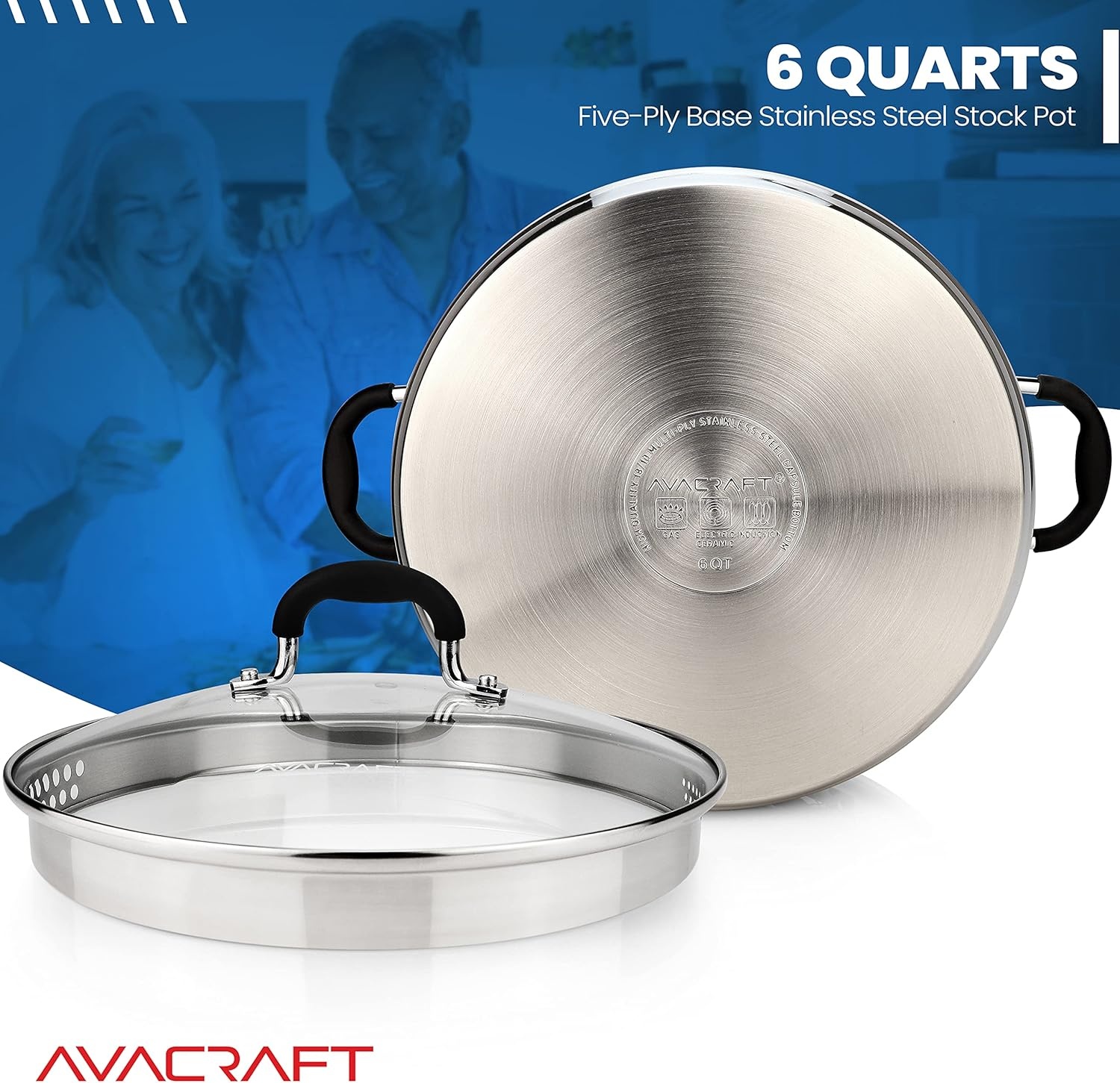 image:imageAVACRAFT TriPly Stainless Steel Stockpot with Glass Strainer Lid Side Spouts 6 Quart Pot Multipurpose Stock Pot Sauce Pot TriPly Full Body 6QT5ply Capsule Bottom