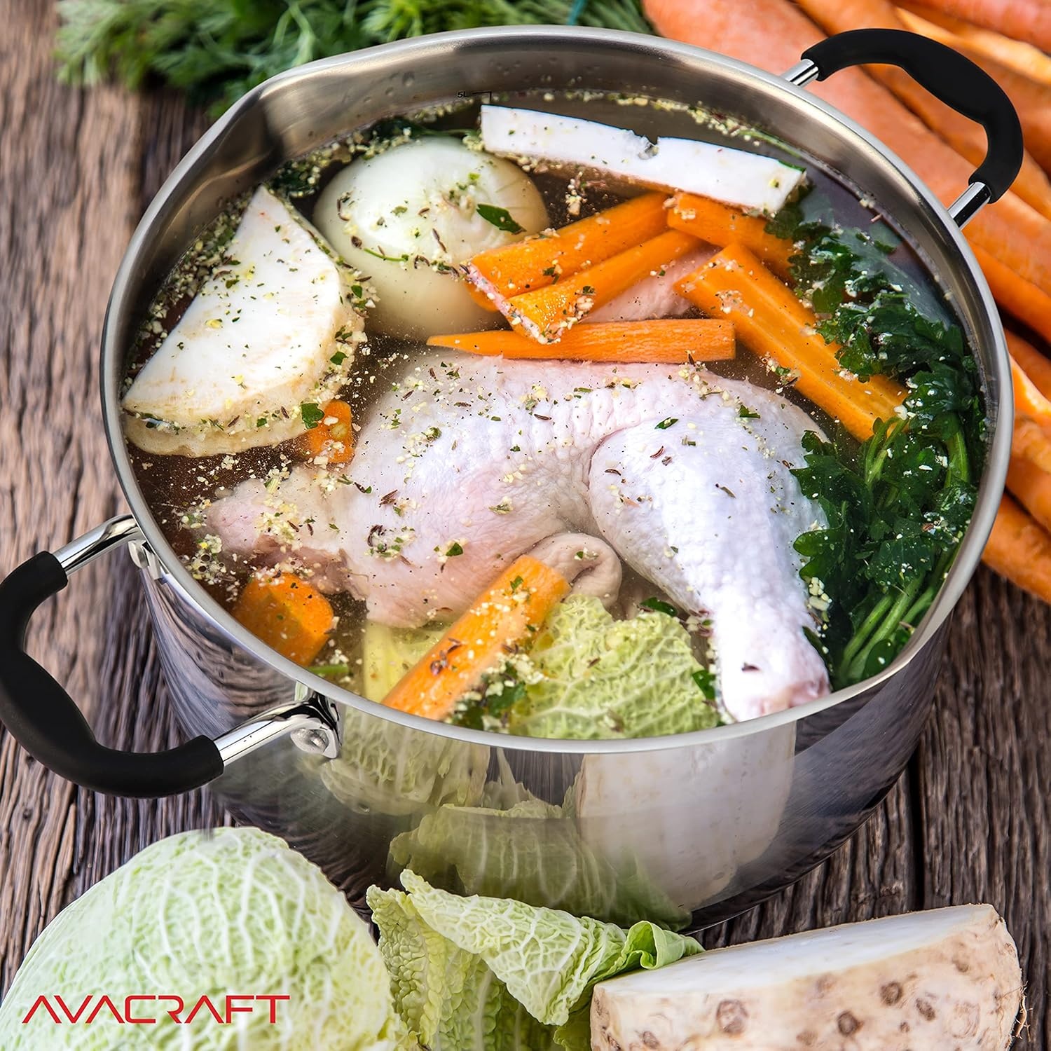 image:imageAVACRAFT TriPly Stainless Steel Stockpot with Glass Strainer Lid Side Spouts 6 Quart Pot Multipurpose Stock Pot Sauce Pot TriPly Full Body 6QT5ply Capsule Bottom