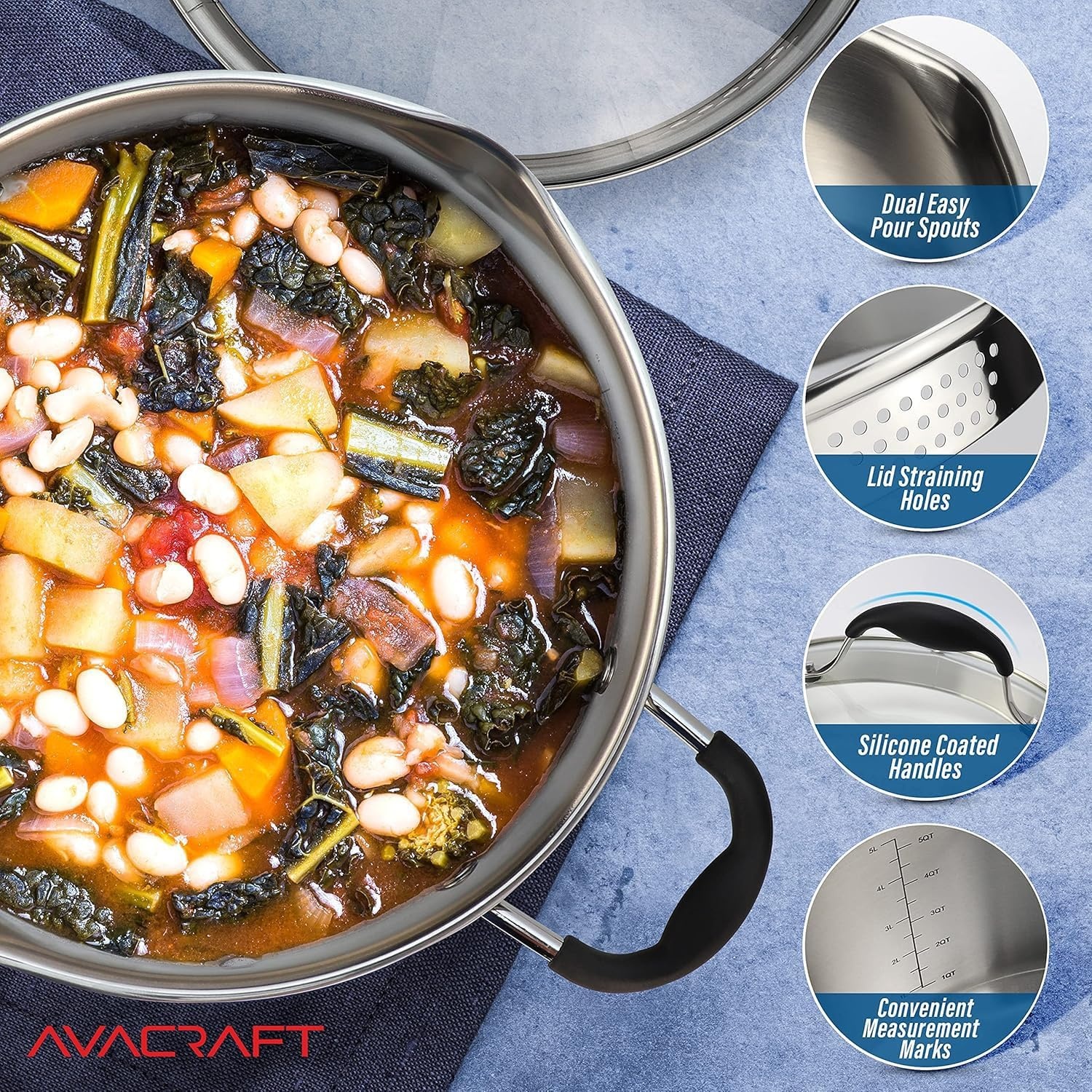 image:imageAVACRAFT TriPly Stainless Steel Stockpot with Glass Strainer Lid Side Spouts 6 Quart Pot Multipurpose Stock Pot Sauce Pot TriPly Full Body 6QT5ply Capsule Bottom