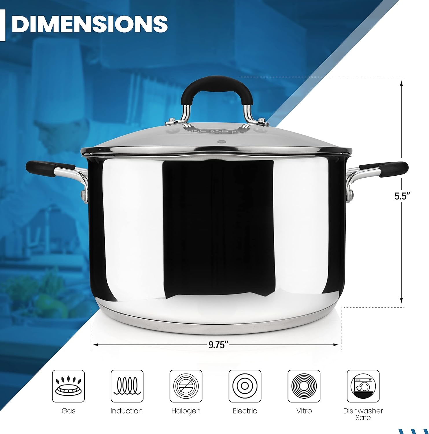 image:imageAVACRAFT TriPly Stainless Steel Stockpot with Glass Strainer Lid Side Spouts 6 Quart Pot Multipurpose Stock Pot Sauce Pot TriPly Full Body 6QT5ply Capsule Bottom