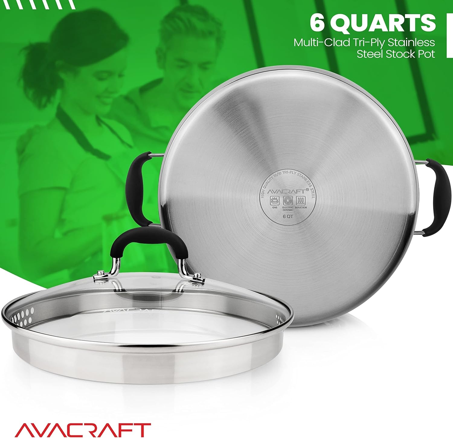 image:imageAVACRAFT TriPly Stainless Steel Stockpot with Glass Strainer Lid Side Spouts 6 Quart Pot Multipurpose Stock Pot Sauce Pot TriPly Full Body 6QTStainless Steel