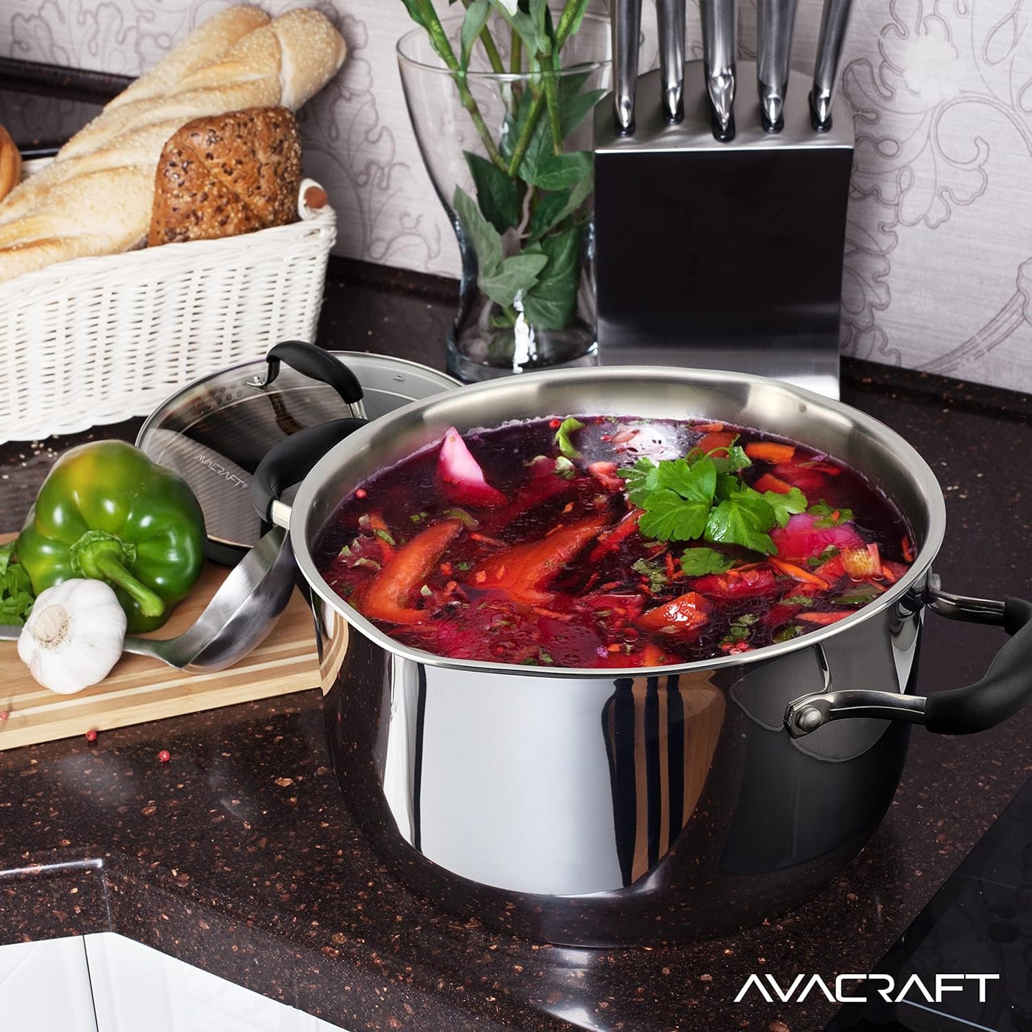 image:imageAVACRAFT TriPly Stainless Steel Stockpot with Glass Strainer Lid Side Spouts 6 Quart Pot Multipurpose Stock Pot Sauce Pot TriPly Full Body 6QTStainless Steel