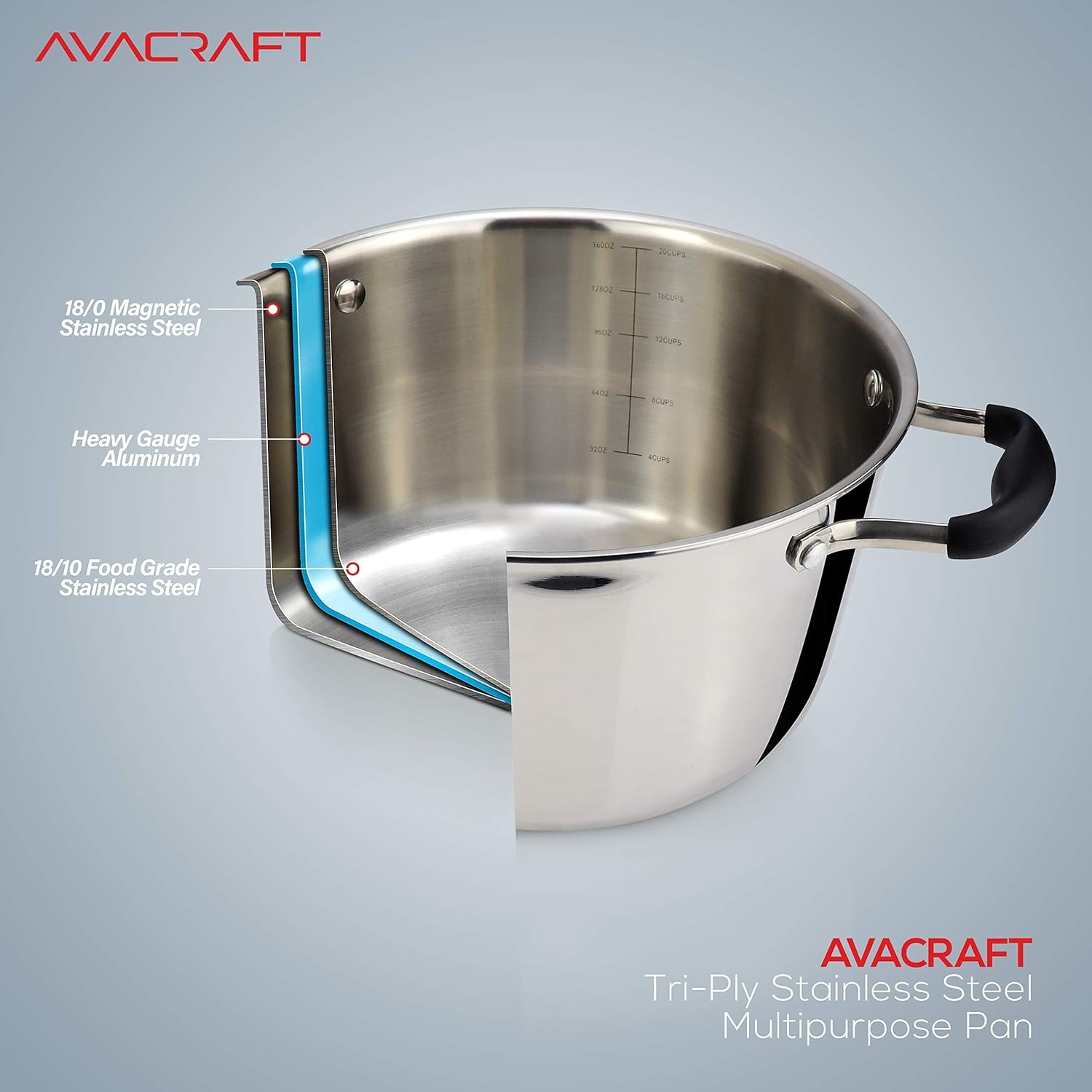 image:imageAVACRAFT TriPly Stainless Steel Stockpot with Glass Strainer Lid Side Spouts 6 Quart Pot Multipurpose Stock Pot Sauce Pot TriPly Full Body 6QTStainless Steel