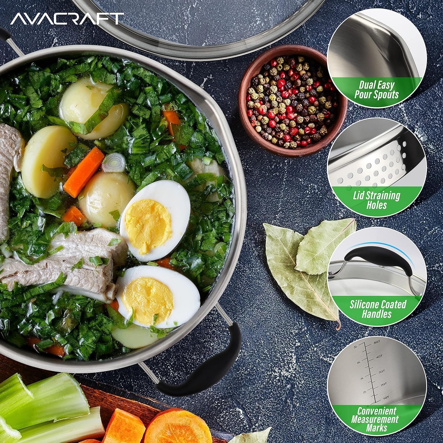 image:imageAVACRAFT TriPly Stainless Steel Stockpot with Glass Strainer Lid Side Spouts 6 Quart Pot Multipurpose Stock Pot Sauce Pot TriPly Full Body 6QTStainless Steel