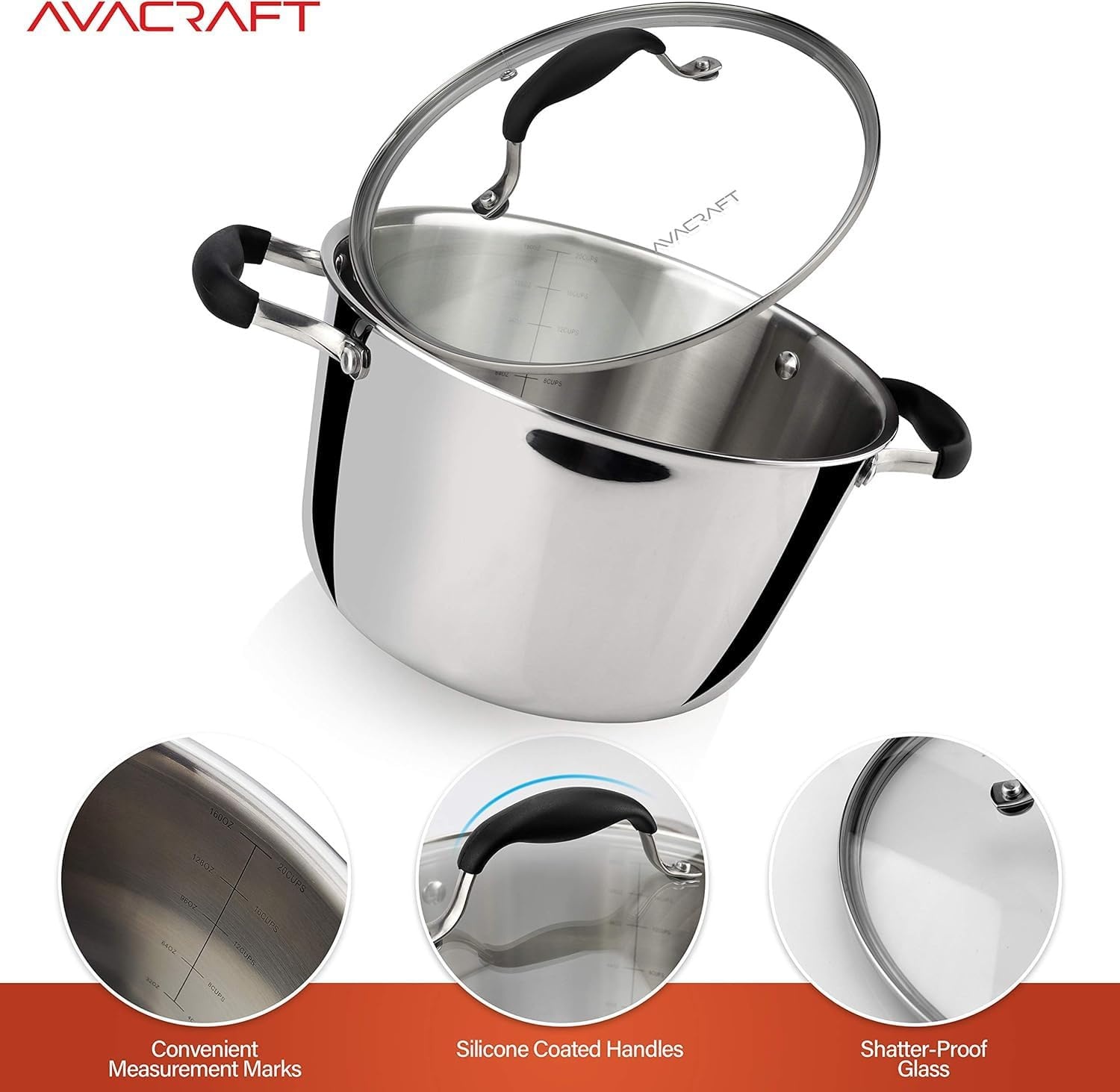 image:imageAVACRAFT TriPly Stainless Steel Stockpot with Glass Strainer Lid Side Spouts 6 Quart Pot Multipurpose Stock Pot Sauce Pot TriPly Full Body 6QTStainless Steel