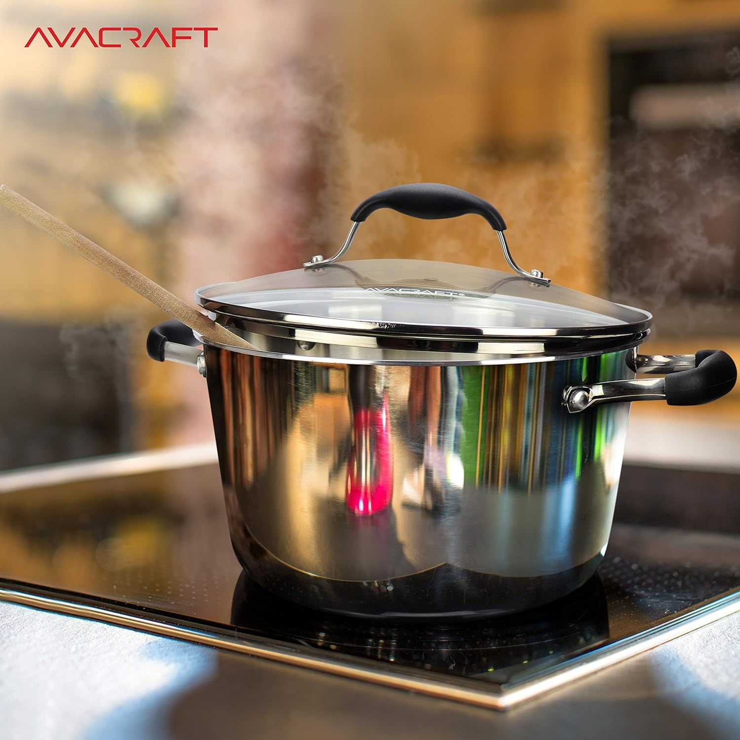 image:imageAVACRAFT TriPly Stainless Steel Stockpot with Glass Strainer Lid Side Spouts 6 Quart Pot Multipurpose Stock Pot Sauce Pot TriPly Full Body 6QTStainless Steel