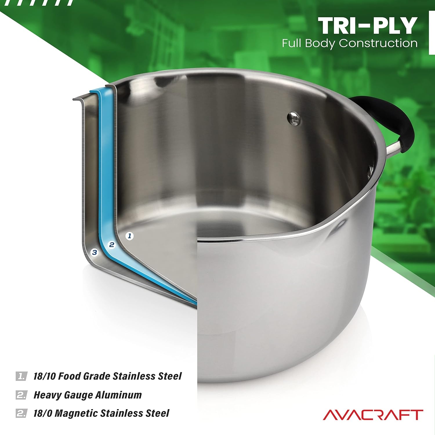 image:imageAVACRAFT TriPly Stainless Steel Stockpot with Glass Strainer Lid Side Spouts 6 Quart Pot Multipurpose Stock Pot Sauce Pot TriPly Full Body 6QTStainless Steel