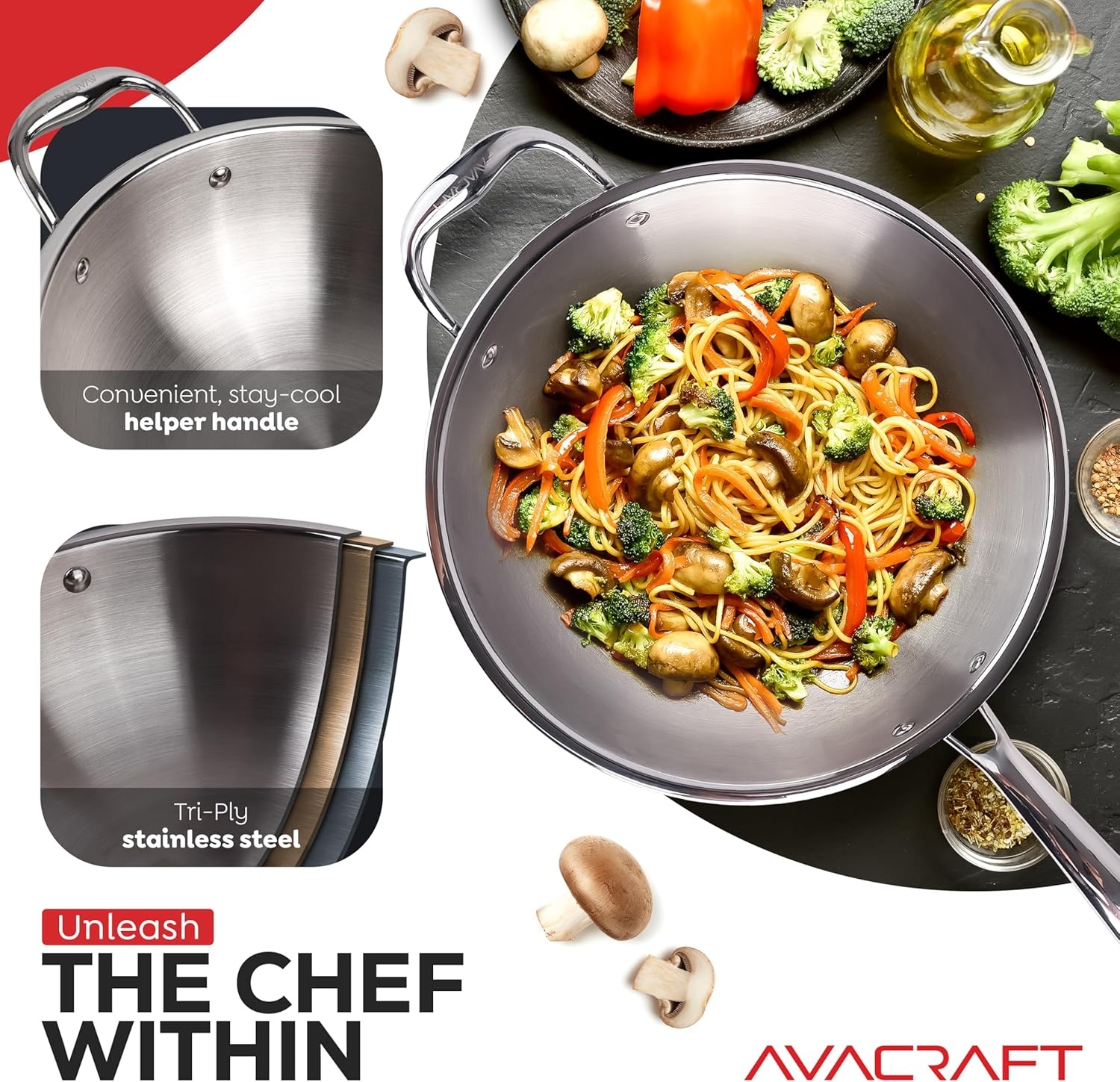 image:imageAVACRAFT TriPly Stainless Steel Wok StirFry Pan with Helper Handle Flat Bottom Induction Compatible Oven Safe 10 Inch