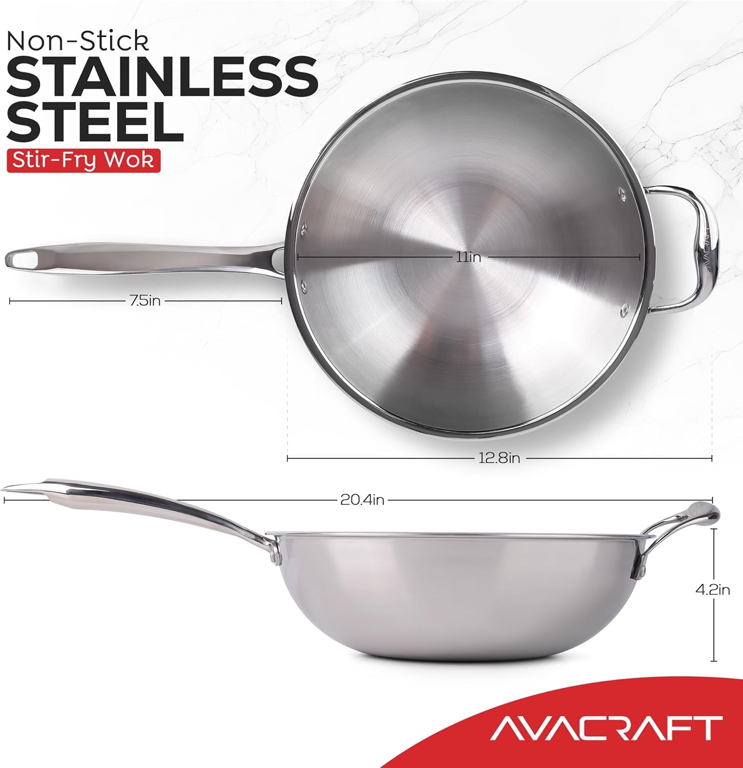 image:imageAVACRAFT TriPly Stainless Steel Wok StirFry Pan with Helper Handle Flat Bottom Induction Compatible Oven Safe 10 Inch
