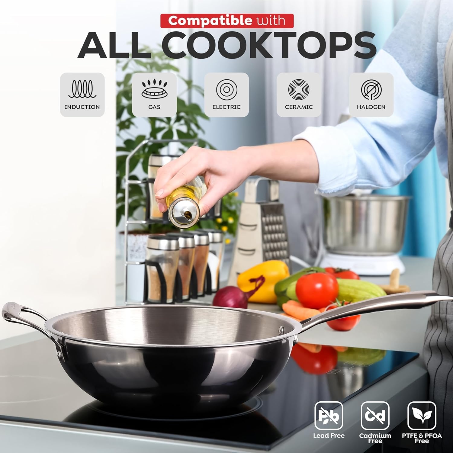 image:imageAVACRAFT TriPly Stainless Steel Wok StirFry Pan with Helper Handle Flat Bottom Induction Compatible Oven Safe 10 Inch