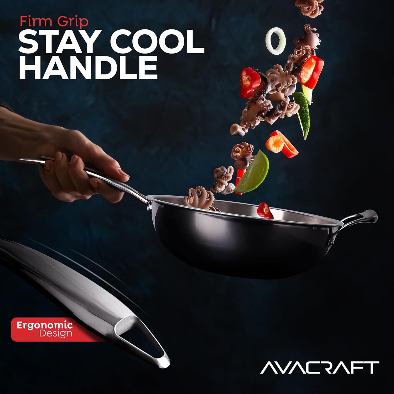 image:imageAVACRAFT TriPly Stainless Steel Wok StirFry Pan with Helper Handle Flat Bottom Induction Compatible Oven Safe 10 Inch