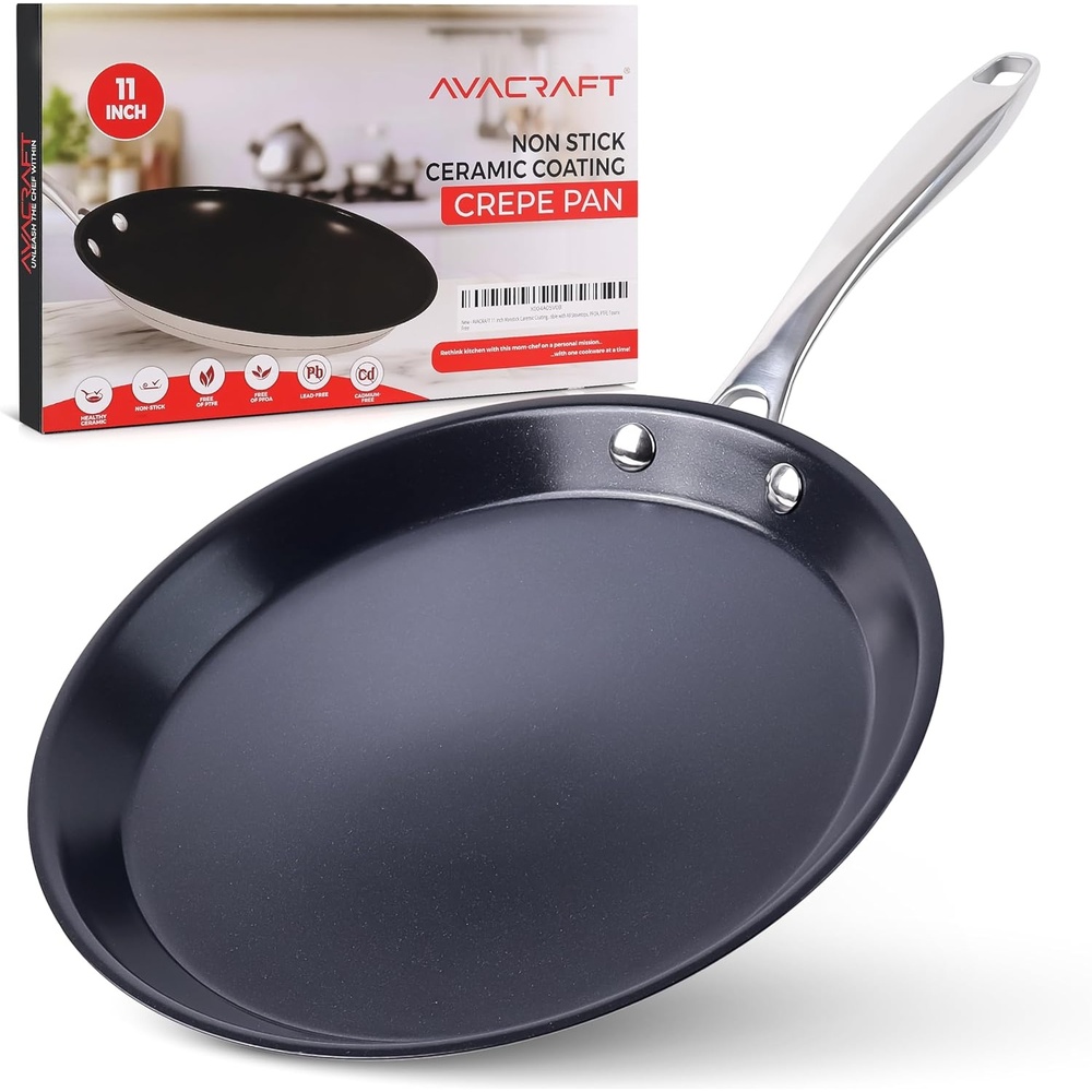 image:imageAVACRAFT 10 inch 94 Nonstick Ceramic Coating Stainless Steel Crepe Pan Tawa Dosa Tortilla Pan Compatible with All Stovetops PFOA PTFE Toxin Free11 Inch