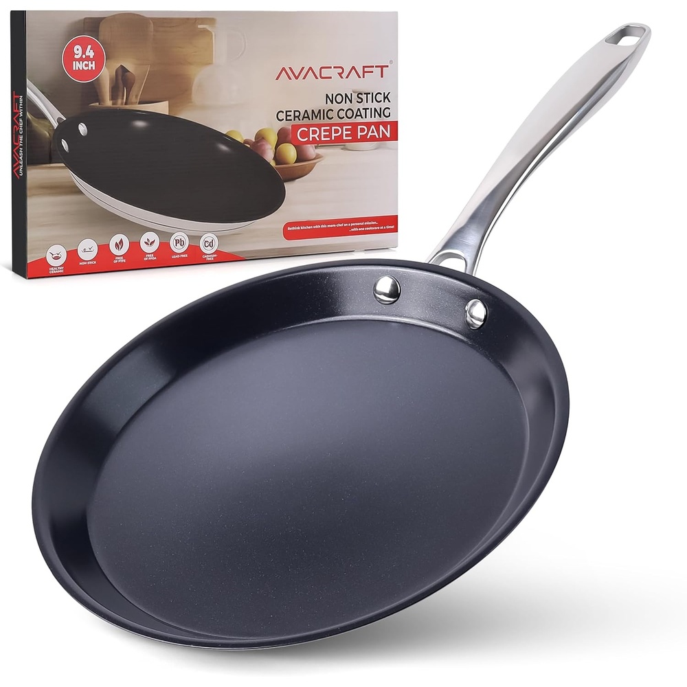 image:imageAVACRAFT 10 inch 94 Nonstick Ceramic Coating Stainless Steel Crepe Pan Tawa Dosa Tortilla Pan Compatible with All Stovetops PFOA PTFE Toxin Free94 Inch
