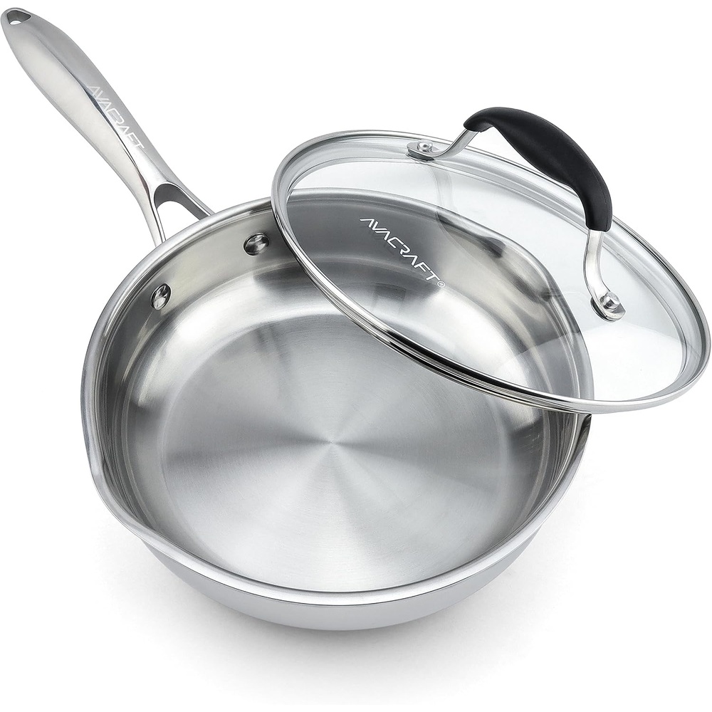 image:imageAVACRAFT 1810 10 Inch Stainless Steel Frying Pan with Lid Side Spouts Induction Versatile Stainless Steel SkilletStainless Steel