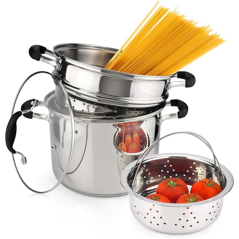 image:imageAVACRAFT 1810 Stainless Steel 4 Piece Pasta Pot with Strainer Insert Stock Pot with Steamer Basket and Pasta Pot Insert Pasta Cooker Set with Glass Lid 7 Quart