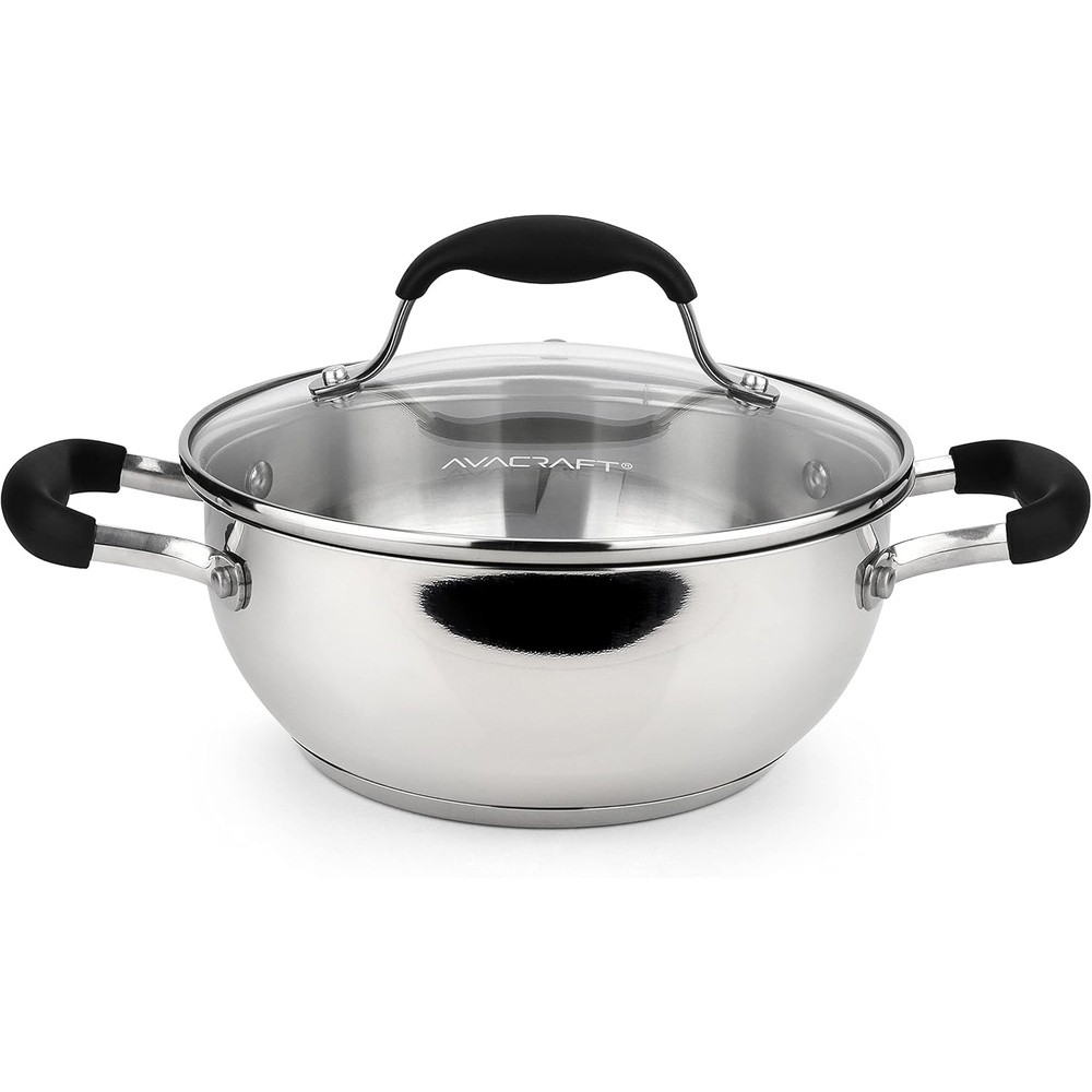 image:imageAVACRAFT 1810 Stainless Steel Everyday Pan Stir Fry Pan with FivePly Base Chefs Pan with Glass Lid Multipurpose Stewpot Skillet Saute Pan Casserole in Pots and Pans 8 inch8 Inch
