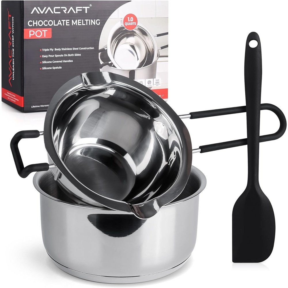 image:imageAVACRAFT 188 Stainless Steel Double Boiler 15 Quart Quality Clad Melting Pot for Butter Chocolate Cheese Wax Sauces Even Heat Tempered Glass Lid Long Handle Bottom has 5 Layers04 Quarts