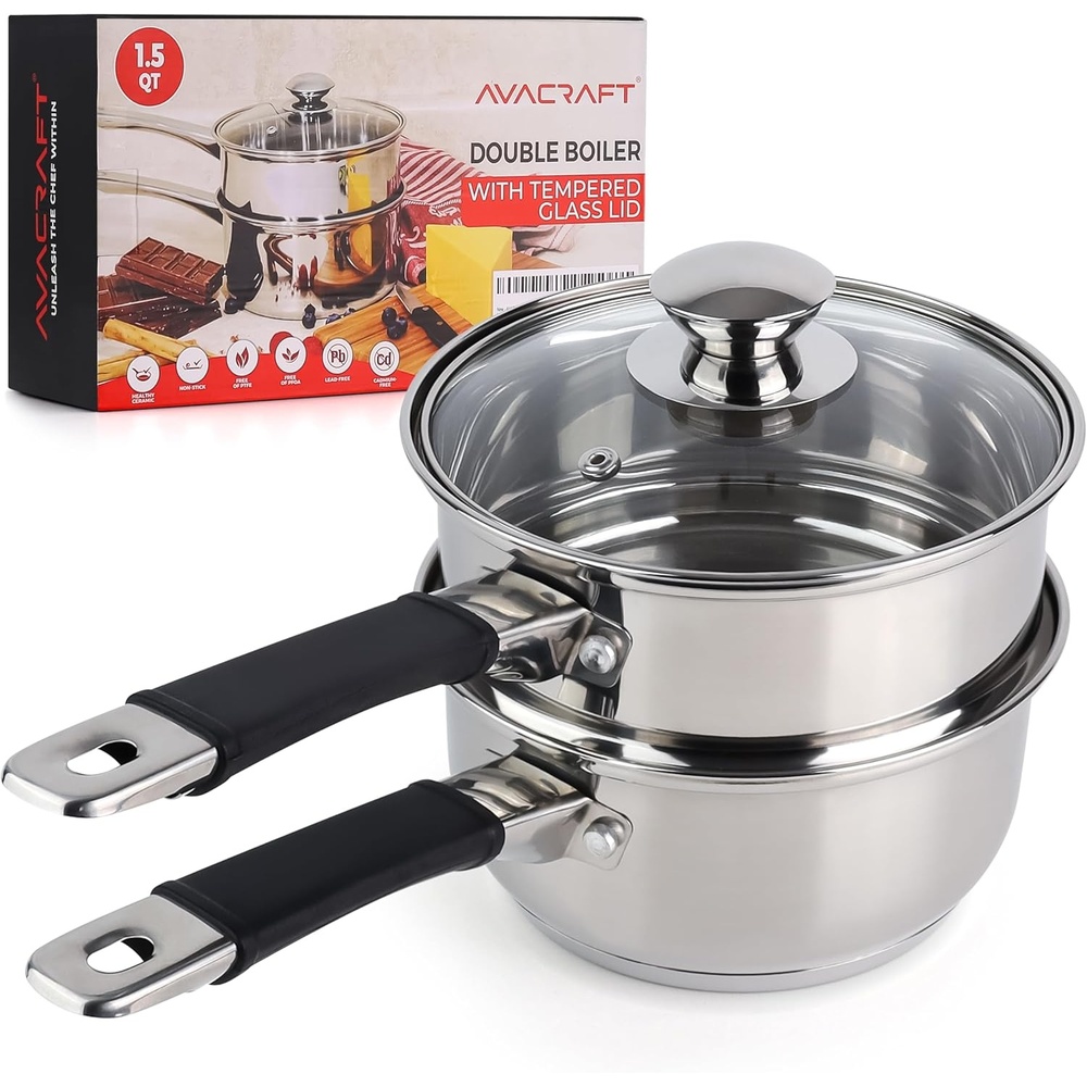 image:imageAVACRAFT 188 Stainless Steel Double Boiler 15 Quart Quality Clad Melting Pot for Butter Chocolate Cheese Wax Sauces Even Heat Tempered Glass Lid Long Handle Bottom has 5 Layers15 Quarts