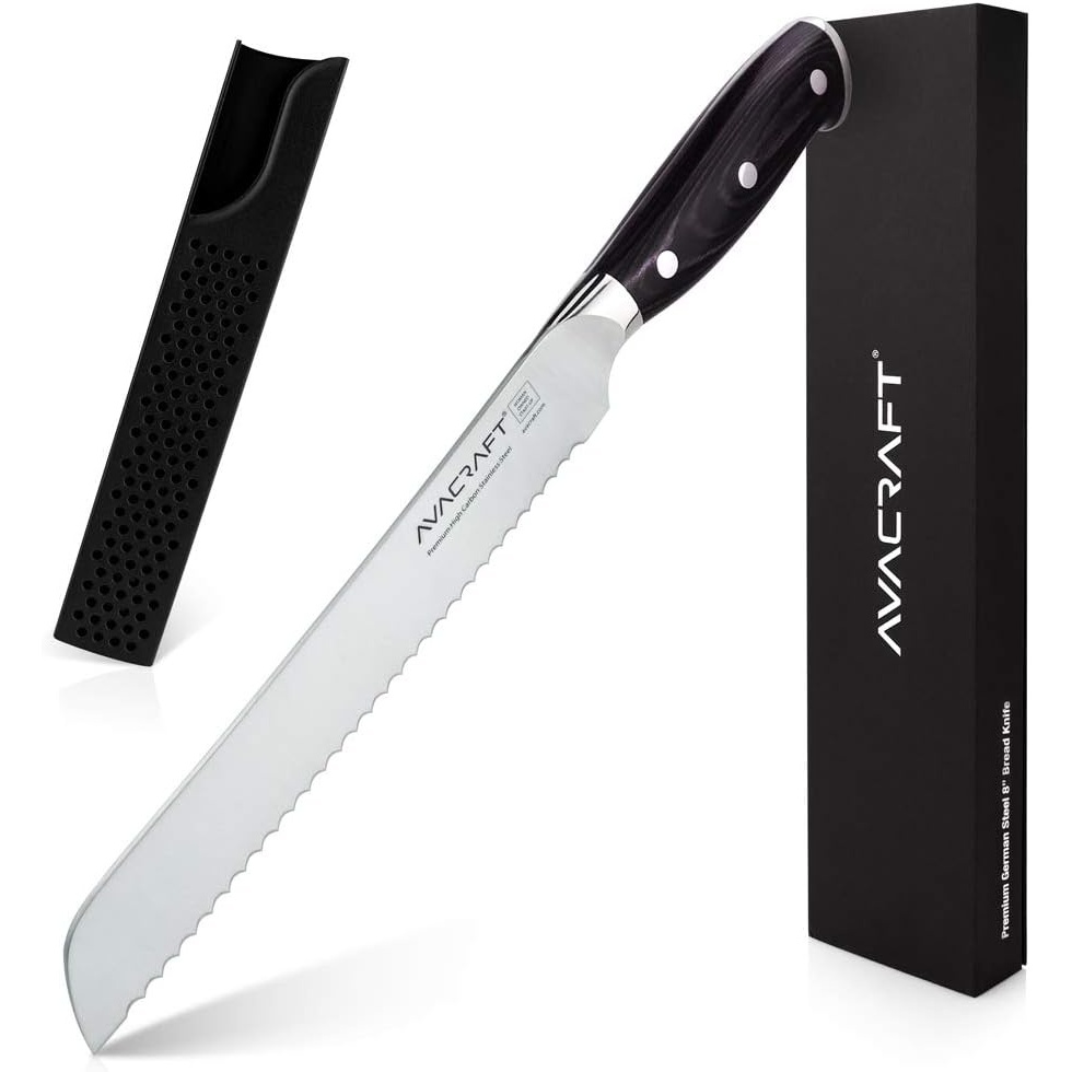 image:imageAVACRAFT Bread Knife High Carbon German 14116 Stainless Steel Serrated Knife Cake Knife Cake Slicer Ergonomic Wood Handle Razor Sharp 8 inch with Custom Storage Cover