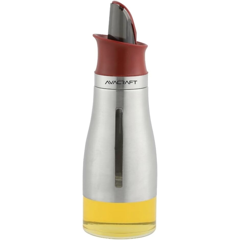 image:imageAVACRAFT Glass Oil Dispenser with Stainless Steel Cover Modern Olive Oil Dispenser Bottle Easy Refill and Cleaning Automatic Open Close Pouring Spout 10 Oz OC2