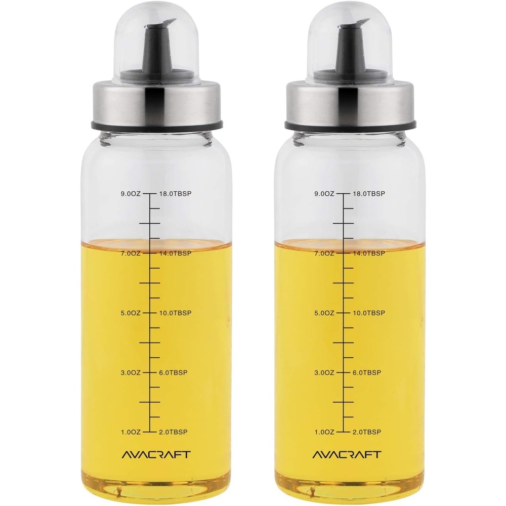 image:imageAVACRAFT Glass Olive Oil Dispenser Bottle with Pour Spouts Measurement Marks on the Oil container for Healthy Cooking Olive Oil Bottle Oil and Vinegar Dispenser 10OZ Set of Two OC3