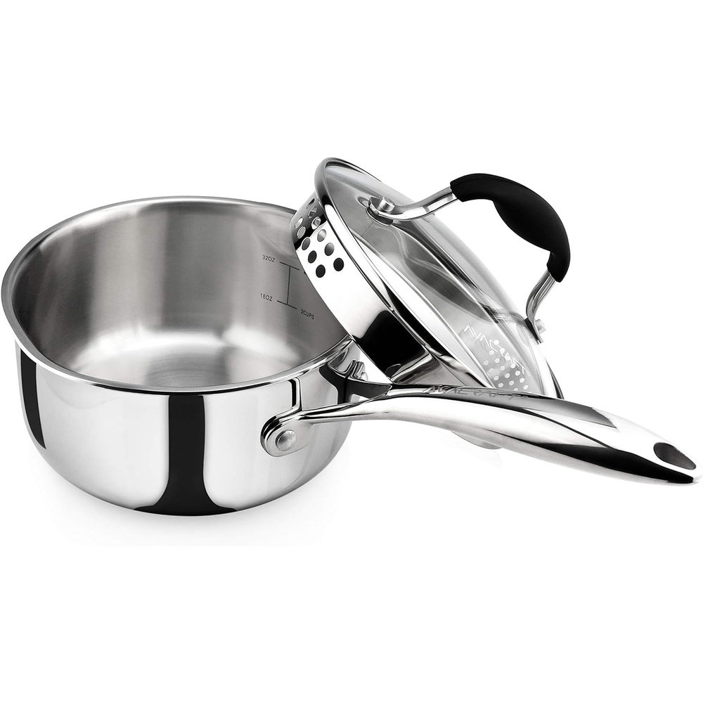 image:imageAVACRAFT TriPly Stainless Steel Saucepan with Glass Strainer Lid Two Side Spouts Ergonomic Handle Multipurpose Sauce Pan with Lid Sauce Pot Cooking Pot TriPly Full Body 25 QuartTriPly Full Body