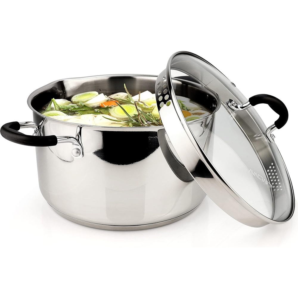 image:imageAVACRAFT TriPly Stainless Steel Stockpot with Glass Strainer Lid Side Spouts 6 Quart Pot Multipurpose Stock Pot Sauce Pot TriPly Full Body 6QT5ply Capsule Bottom