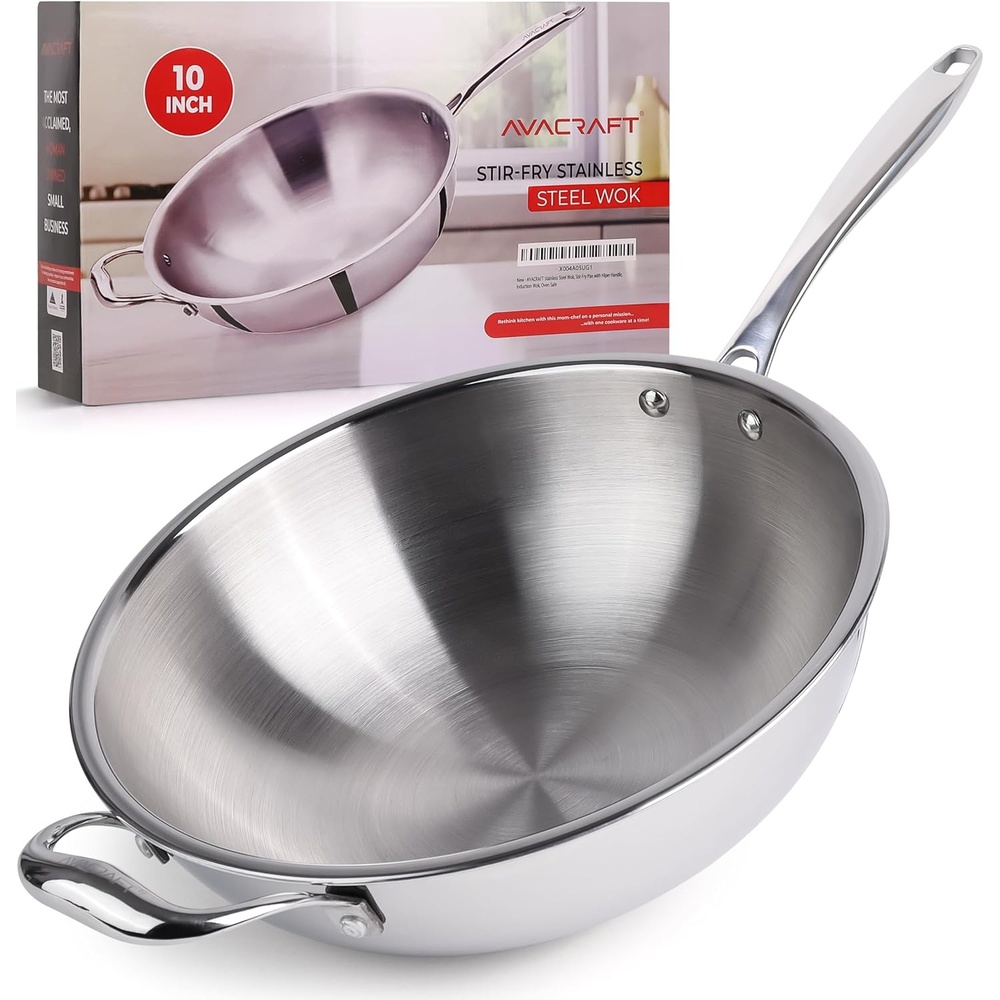 image:imageAVACRAFT TriPly Stainless Steel Wok StirFry Pan with Helper Handle Flat Bottom Induction Compatible Oven Safe 10 Inch