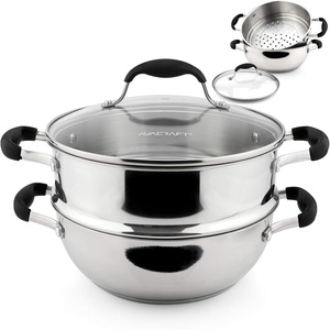 image:imageAVACRAFT 1810 3 Piece Stainless Steel Steamer Cooking Pot amp Pan Set with Glass Lid Momo Maker Induction