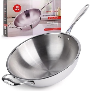 image:imageAVACRAFT TriPly Stainless Steel Wok StirFry Pan with Helper Handle Flat Bottom Induction Compatible Oven Safe 10 Inch