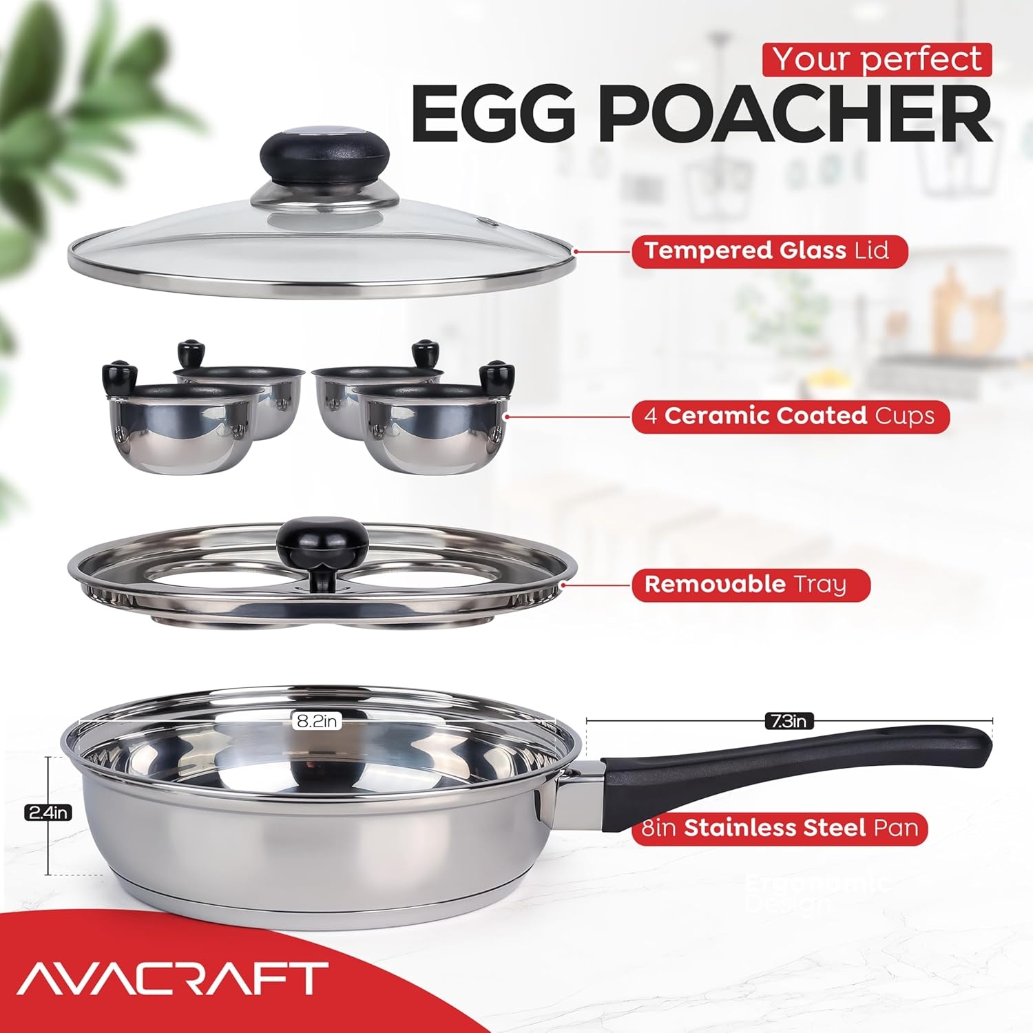 image:imageAVACRAFT Egg Poacher Stainless Steel Egg Poaching Pan Poached Eggs Cooker Food Grade PFOA free